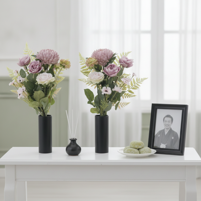 【アーティフィシャルフラワー・造花 お墓・お仏壇向け仏花・供花1対-左右2束セット】薔薇＆マムの洋風供花（左右１対セット）