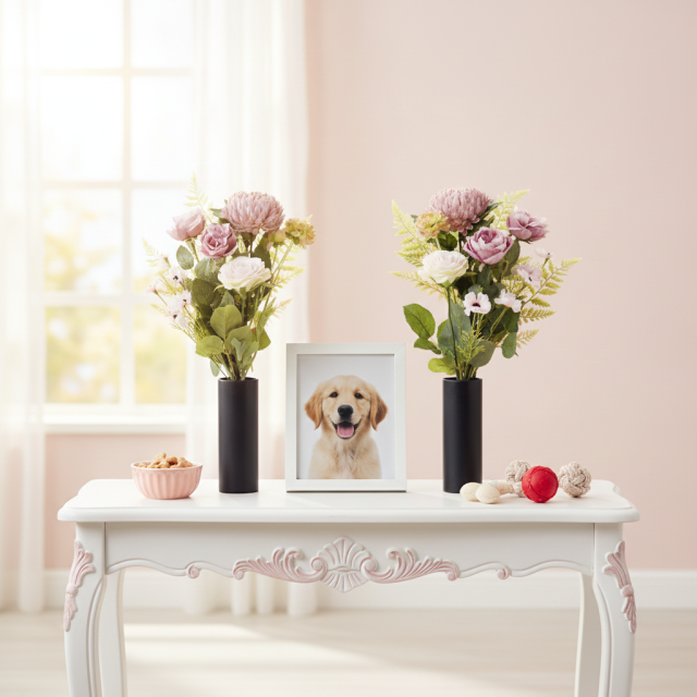 【アーティフィシャルフラワー・造花 お墓・お仏壇向け仏花・供花1対-左右2束セット】薔薇＆マムの洋風供花（左右１対セット）