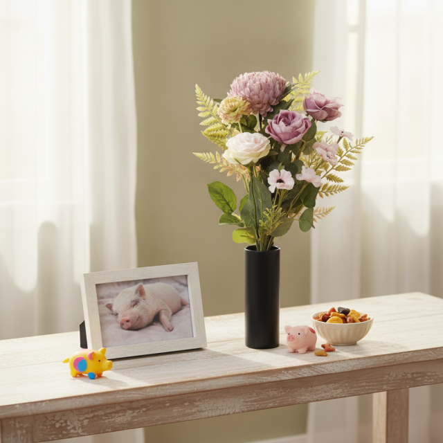 【アーティフィシャルフラワー・造花 お墓・お仏壇向け仏花・供花1対-左右2束セット】薔薇＆マムの洋風供花（左右１対セット）
