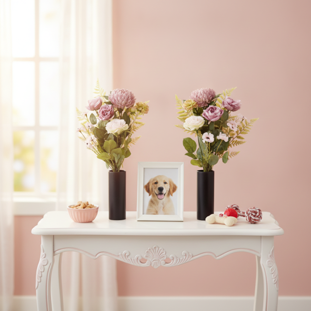 【アーティフィシャルフラワー・造花 お墓・お仏壇向け仏花・供花1対-左右2束セット】薔薇＆マムの洋風供花（左右１対セット）