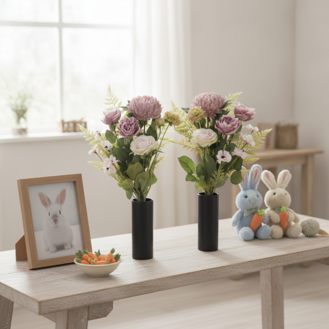 【アーティフィシャルフラワー・造花 お墓・お仏壇向け仏花・供花1対-左右2束セット】薔薇＆マムの洋風供花（左右１対セット）