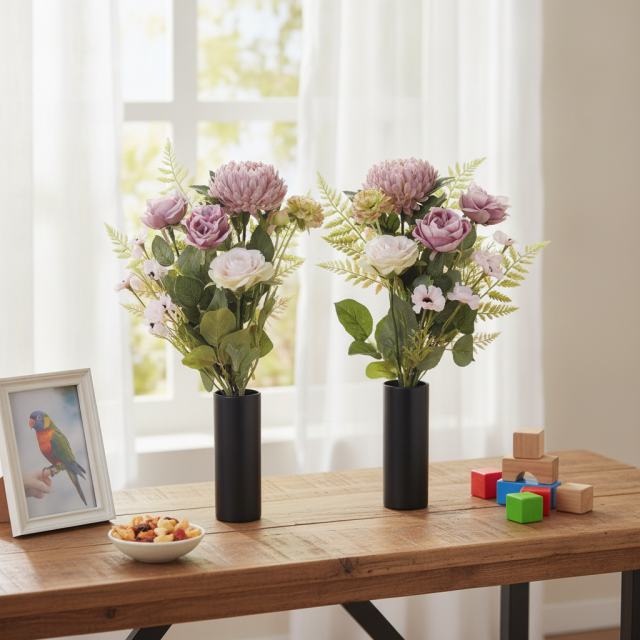 【アーティフィシャルフラワー・造花 お墓・お仏壇向け仏花・供花1対-左右2束セット】薔薇＆マムの洋風供花（左右１対セット）