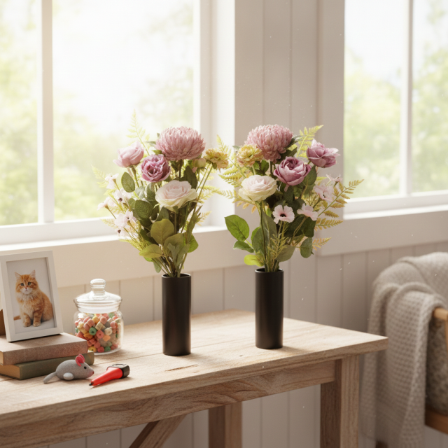 【アーティフィシャルフラワー・造花 お墓・お仏壇向け仏花・供花1対-左右2束セット】薔薇＆マムの洋風供花（左右１対セット）