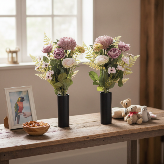 【アーティフィシャルフラワー・造花 お墓・お仏壇向け仏花・供花1対-左右2束セット】薔薇＆マムの洋風供花（左右１対セット）