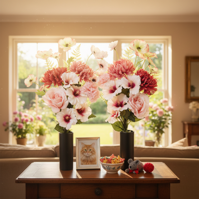 【アーティフィシャルフラワー・造花 お墓・お仏壇向け仏花・供花1対-左右2束セット】薔薇＆ハイビスカスの洋風供花（左右１対セット）