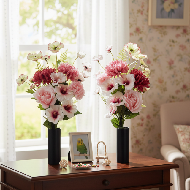 【アーティフィシャルフラワー・造花 お墓・お仏壇向け仏花・供花1対-左右2束セット】薔薇＆ハイビスカスの洋風供花（左右１対セット）