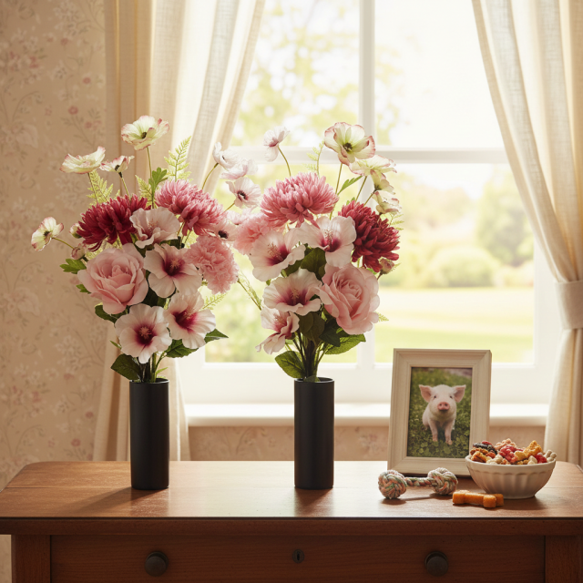 【アーティフィシャルフラワー・造花 お墓・お仏壇向け仏花・供花1対-左右2束セット】薔薇＆ハイビスカスの洋風供花（左右１対セット）