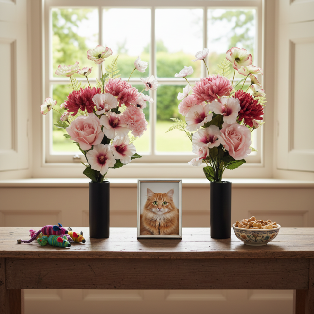 【アーティフィシャルフラワー・造花 お墓・お仏壇向け仏花・供花1対-左右2束セット】薔薇＆ハイビスカスの洋風供花（左右１対セット）