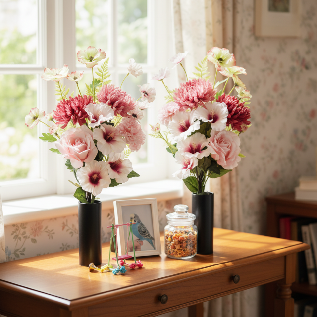 【アーティフィシャルフラワー・造花 お墓・お仏壇向け仏花・供花1対-左右2束セット】薔薇＆ハイビスカスの洋風供花（左右１対セット）