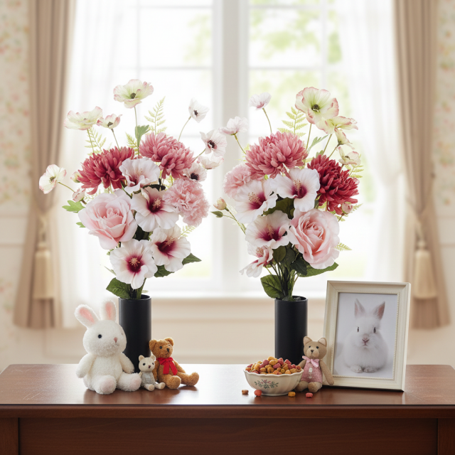 【アーティフィシャルフラワー・造花 お墓・お仏壇向け仏花・供花1対-左右2束セット】薔薇＆ハイビスカスの洋風供花（左右１対セット）
