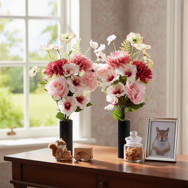【アーティフィシャルフラワー・造花 お墓・お仏壇向け仏花・供花1対-左右2束セット】薔薇＆ハイビスカスの洋風供花（左右１対セット）