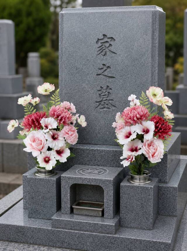 【アーティフィシャルフラワー・造花 お墓・お仏壇向け仏花・供花1対-左右2束セット】薔薇＆ハイビスカスの洋風供花（左右１対セット）