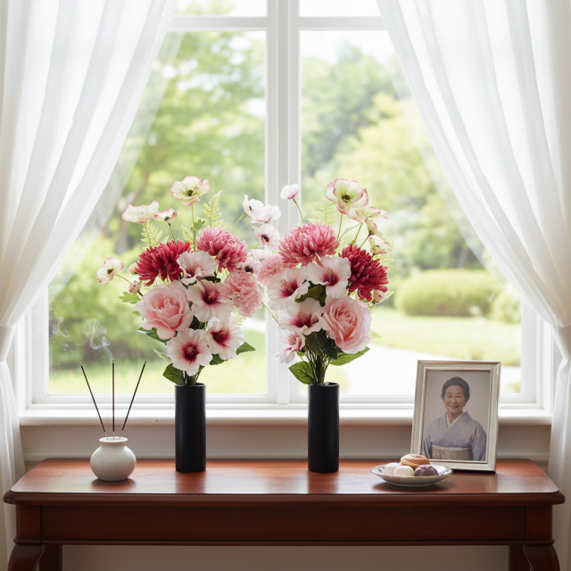 【アーティフィシャルフラワー・造花 お墓・お仏壇向け仏花・供花1対-左右2束セット】薔薇＆ハイビスカスの洋風供花（左右１対セット）