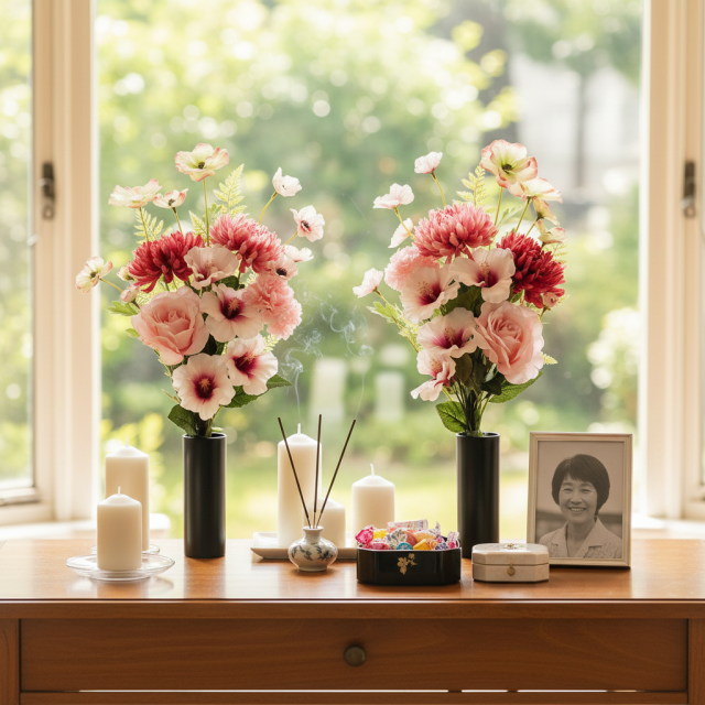 【アーティフィシャルフラワー・造花 お墓・お仏壇向け仏花・供花1対-左右2束セット】薔薇＆ハイビスカスの洋風供花（左右１対セット）