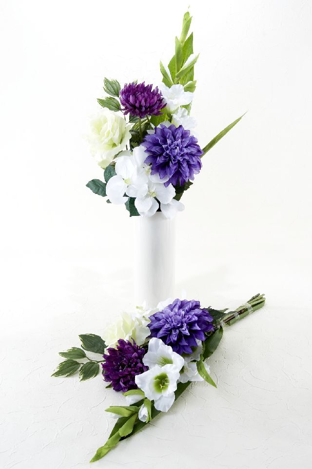 【アーティフィシャルフラワー・造花 お墓・お仏壇向け仏花・供花1対-左右2束セット】薔薇と蘭とダリアの洋風供花（左右１対セット）
