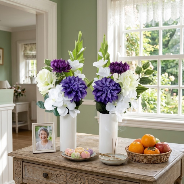 【アーティフィシャルフラワー・造花 お墓・お仏壇向け仏花・供花1対-左右2束セット】薔薇と蘭とダリアの洋風供花（左右１対セット）