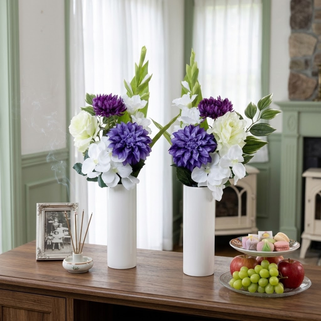 【アーティフィシャルフラワー・造花 お墓・お仏壇向け仏花・供花1対-左右2束セット】薔薇と蘭とダリアの洋風供花（左右１対セット）