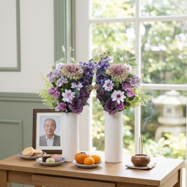 【アーティフィシャルフラワー・造花 お墓・お仏壇向け仏花・供花1対-左右2束セット】薔薇と胡蝶蘭とマムの洋風供花（左右１対セット）
