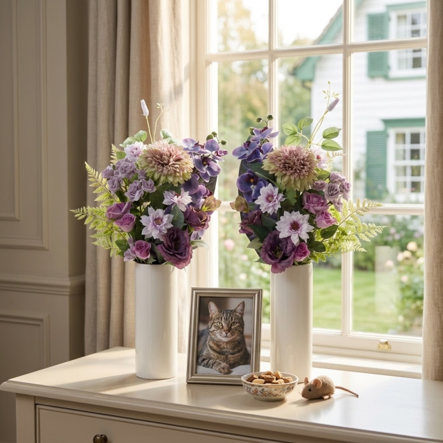 【アーティフィシャルフラワー・造花 お墓・お仏壇向け仏花・供花1対-左右2束セット】薔薇と胡蝶蘭とマムの洋風供花（左右１対セット）