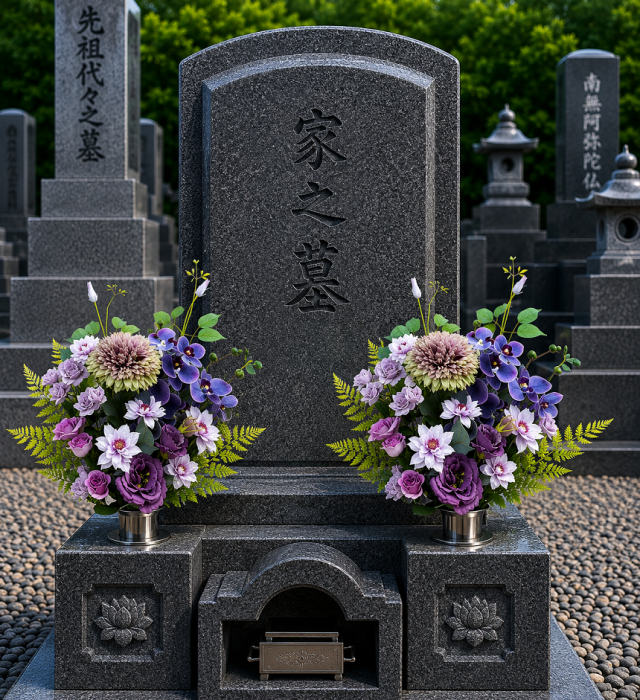 【アーティフィシャルフラワー・造花 お墓・お仏壇向け仏花・供花1対-左右2束セット】薔薇と胡蝶蘭とマムの洋風供花（左右１対セット）