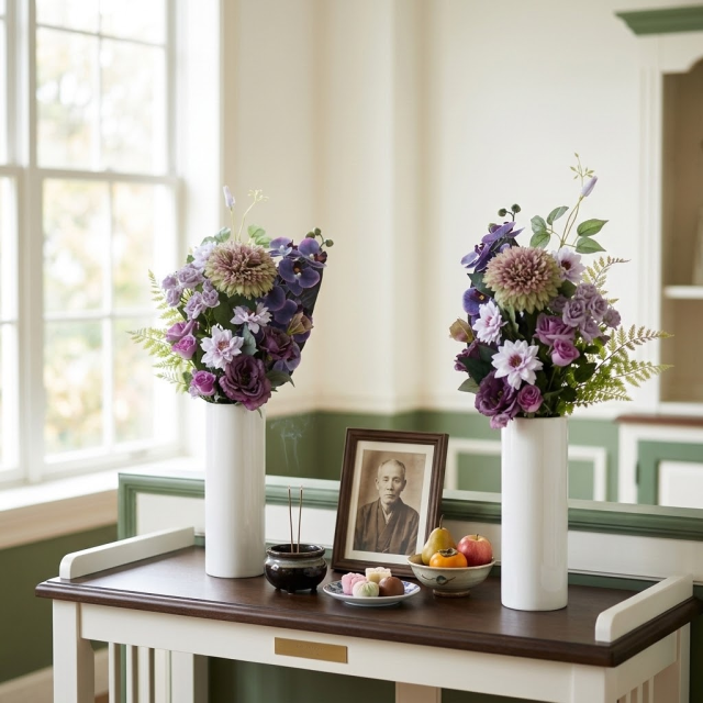 【アーティフィシャルフラワー・造花 お墓・お仏壇向け仏花・供花1対-左右2束セット】薔薇と胡蝶蘭とマムの洋風供花（左右１対セット）