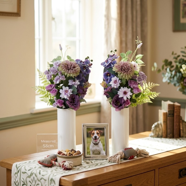 【アーティフィシャルフラワー・造花 お墓・お仏壇向け仏花・供花1対-左右2束セット】薔薇と胡蝶蘭とマムの洋風供花（左右１対セット）