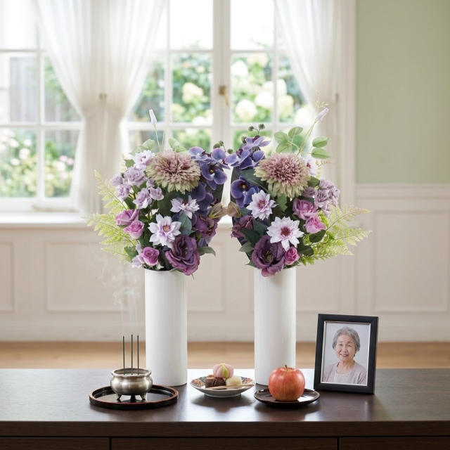 【アーティフィシャルフラワー・造花 お墓・お仏壇向け仏花・供花1対-左右2束セット】薔薇と胡蝶蘭とマムの洋風供花（左右１対セット）