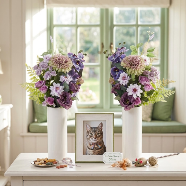 【アーティフィシャルフラワー・造花 お墓・お仏壇向け仏花・供花1対-左右2束セット】薔薇と胡蝶蘭とマムの洋風供花（左右１対セット）