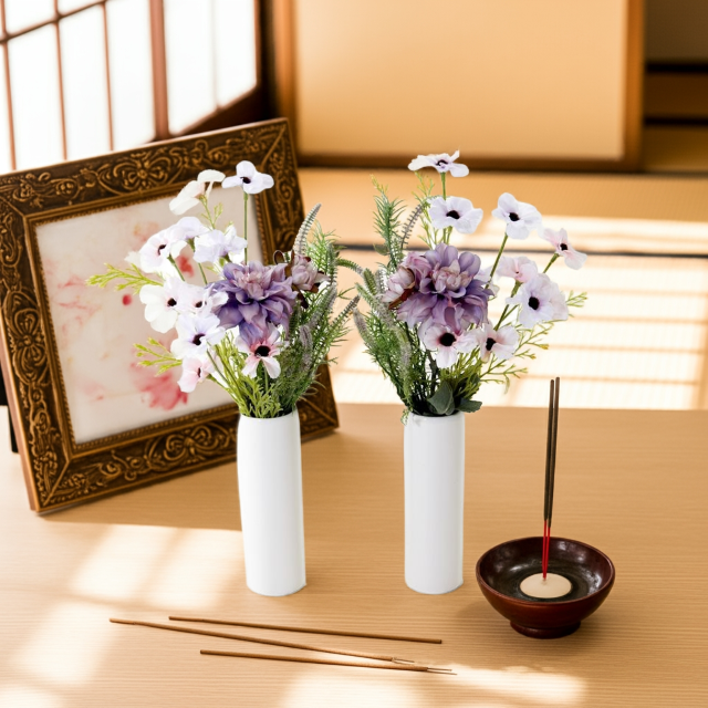 【お墓・仏壇用の造花・アーティフィシャルフラワー 供花 仏花】デージー＆ダリアのミニ仏花セット（左右１対）