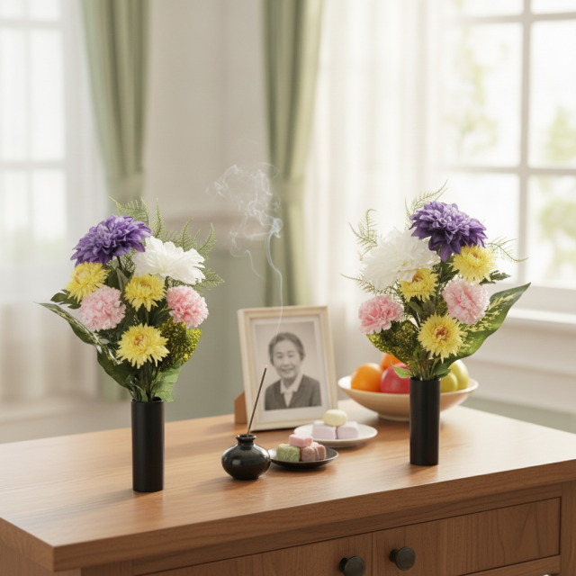 【造花・アーティフィシャルフラワー 仏花・供花】ダリア・マム・カーネーションのスタンダード墓花（左右１対セット）
