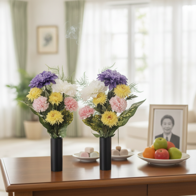 【造花・アーティフィシャルフラワー 仏花・供花】ダリア・マム・カーネーションのスタンダード墓花（左右１対セット）