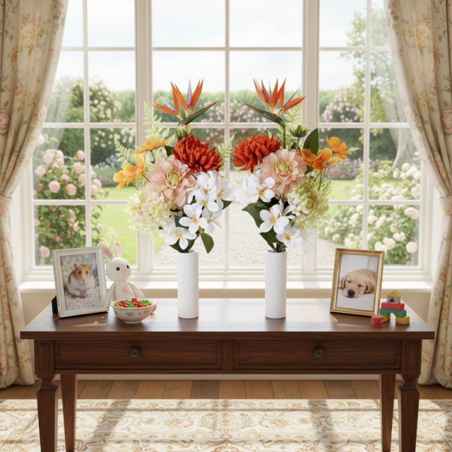 【造花・アーティフィシャルフラワー 仏花・供花】プルメリアとストレチアの洋花モダン墓花（左右１対セット）