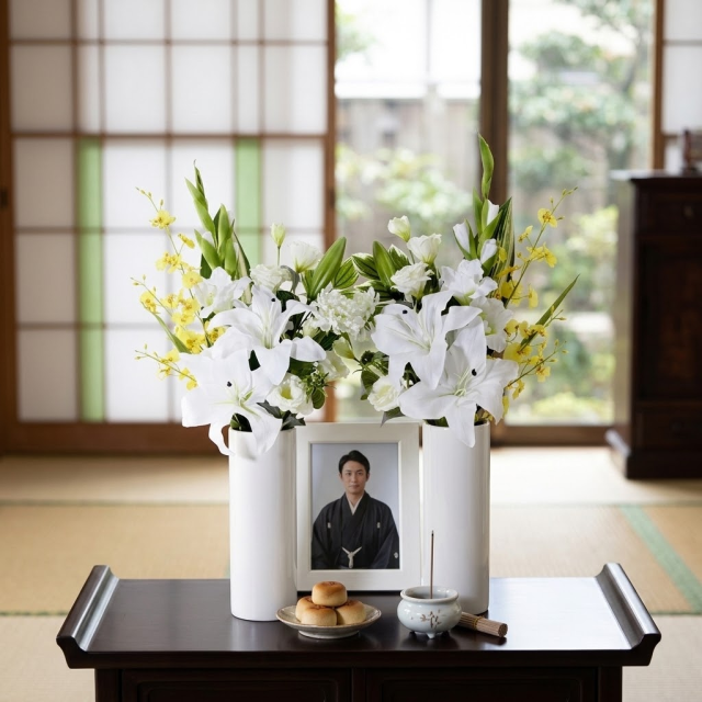 【造花・アーティフィシャルフラワー 仏花・供花】カサブランカとオンシジュームの洋花モダン墓花（左右１対セット）