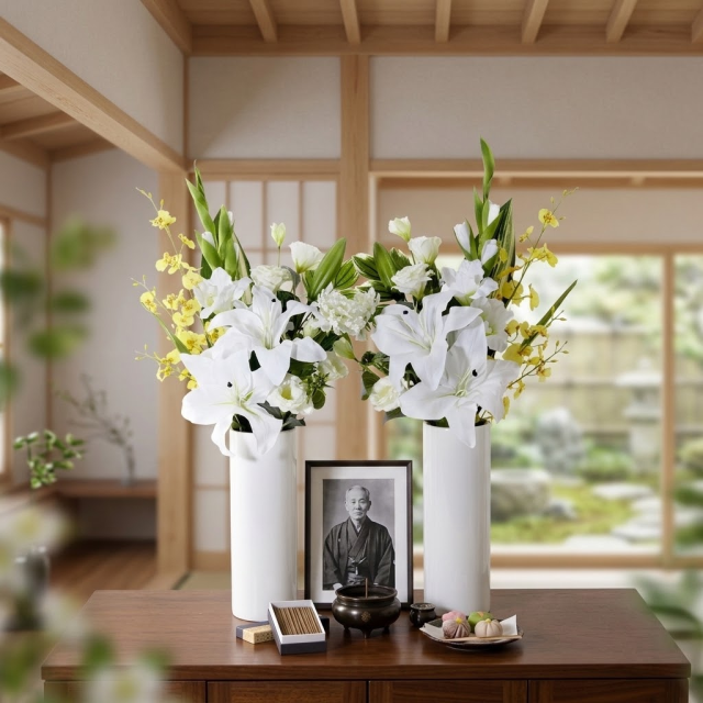 【造花・アーティフィシャルフラワー 仏花・供花】カサブランカとオンシジュームの洋花モダン墓花（左右１対セット）