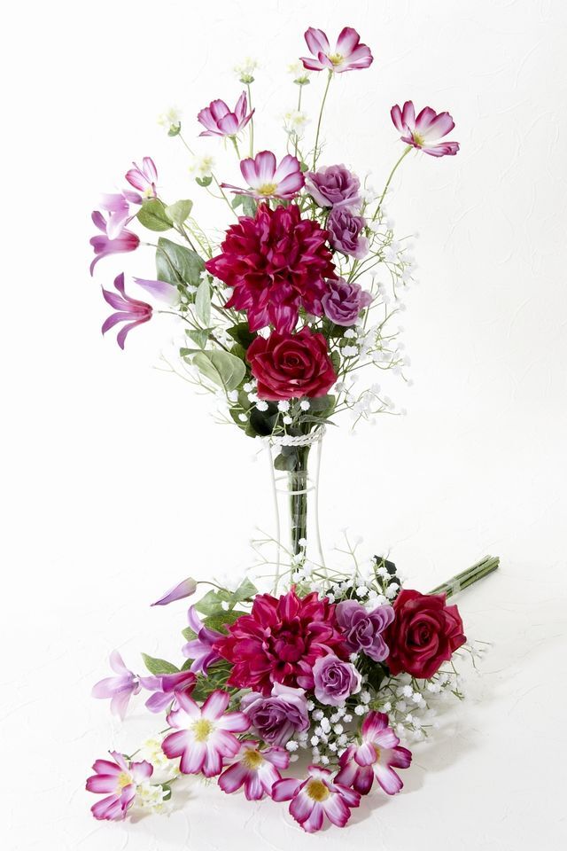 【造花・アーティフィシャルフラワー 仏花・供花】バラとダリアの洋花モダン墓花（左右１対セット）