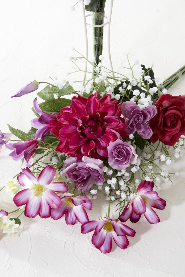 【造花・アーティフィシャルフラワー 仏花・供花】バラとダリアの洋花モダン墓花（左右１対セット）