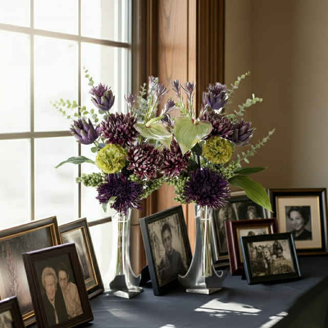 【造花・アーティフィシャルフラワー 仏花・供花】マムとアーティチョークの洋花モダン墓花（左右１対セット）