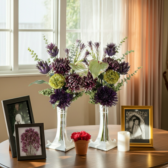 【造花・アーティフィシャルフラワー 仏花・供花】マムとアーティチョークの洋花モダン墓花（左右１対セット）