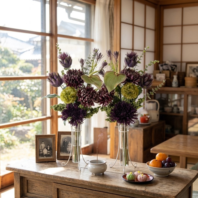 【造花・アーティフィシャルフラワー 仏花・供花】マムとアーティチョークの洋花モダン墓花（左右１対セット）