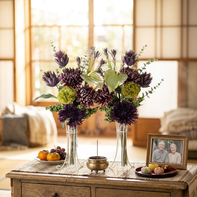 【造花・アーティフィシャルフラワー 仏花・供花】マムとアーティチョークの洋花モダン墓花（左右１対セット）