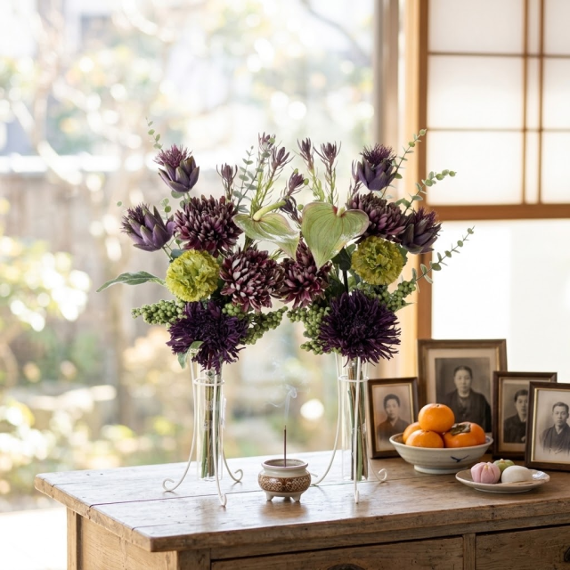 【造花・アーティフィシャルフラワー 仏花・供花】マムとアーティチョークの洋花モダン墓花（左右１対セット）