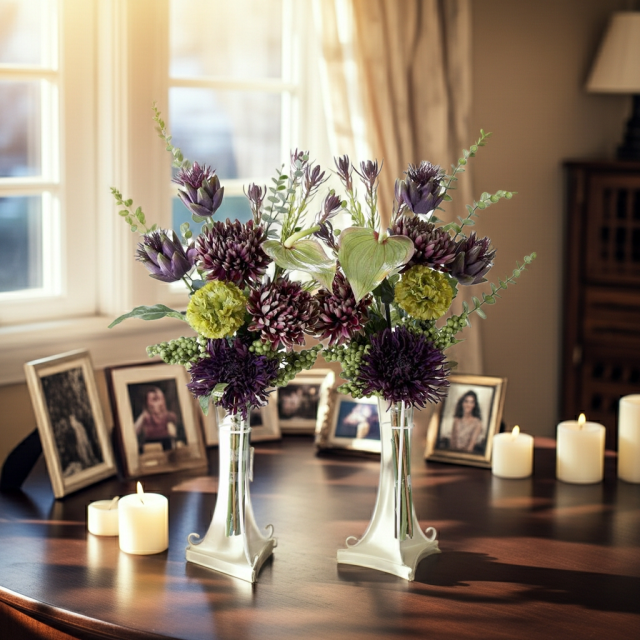 【造花・アーティフィシャルフラワー 仏花・供花】マムとアーティチョークの洋花モダン墓花（左右１対セット）