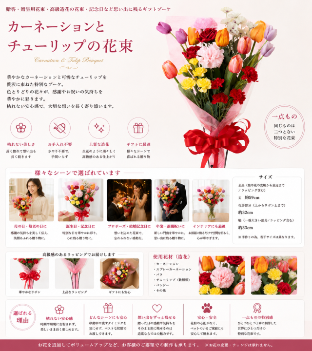 【贈答・贈呈用花束・高級造花の花束・記念日など思い出に残るギフトブーケ】カーネーションとチューリップの花束
