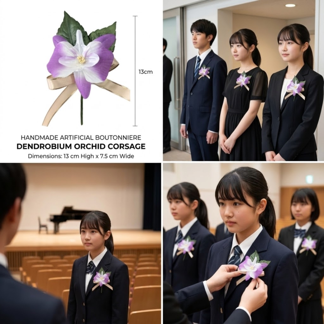 【卒業式・入学式・パーティー・イベント・式典用のコサージュ】デンファレのアートフラワーコサージュ