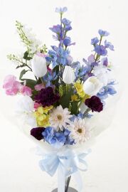 【贈答・贈呈用花束・造花花束・花束ギフト】スイートピーとチューリップのアーティフィシャルフラワーブーケ/ブルーミックス