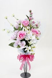 【贈答・贈呈用花束・造花花束・花束ギフト】バラとトルコキキョウとアルストロメリアのアーティフィシャルフラワーブーケ