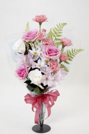【贈答・贈呈用花束・造花花束・花束ギフト】バラとアルストロメリアとカーネーションのアーティフィシャルフラワーブーケ