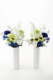 【アーティフィシャルフラワー・造花 お墓・お仏壇向け仏花・供花】向日葵とトルコ桔梗の洋風供花（左右１対セット）