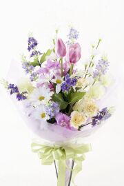 【贈答・贈呈用花束・造花花束・花束ギフト】スイートピーとチューリップのアーティフィシャルフラワーブーケ/パープルミックス