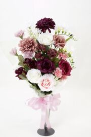 【贈答・贈呈用花束・造花花束・花束ギフト】バラとダリアとカーネーションのアーティフィシャルフラワーブーケ/ワインレッド
